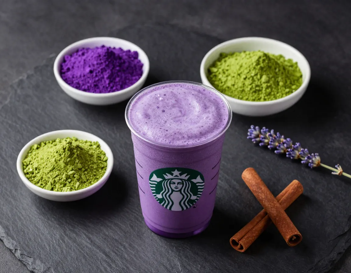 Seasonal ube and matcha ingredients for a custom mocha
