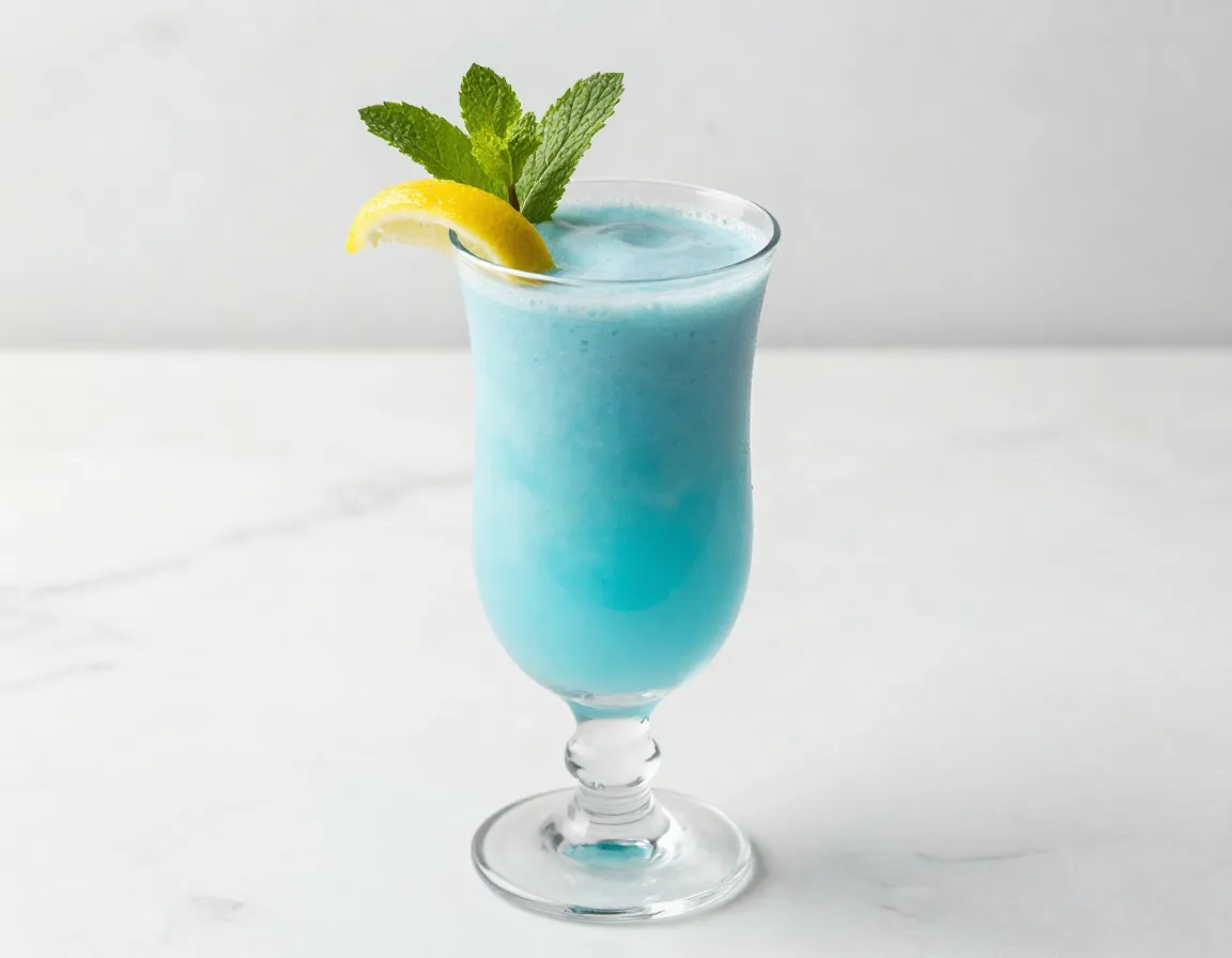 Blue monday mocktail in a clear glass with mint garnish