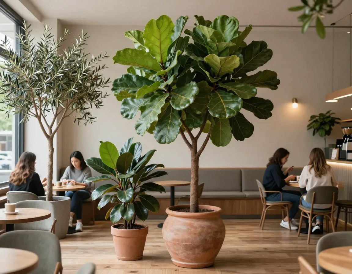 Statement trees anchoring the coffee house interior space