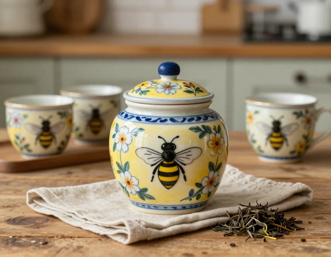 Whimsical hand painted bee motif ceramic tea jar with floral patterns