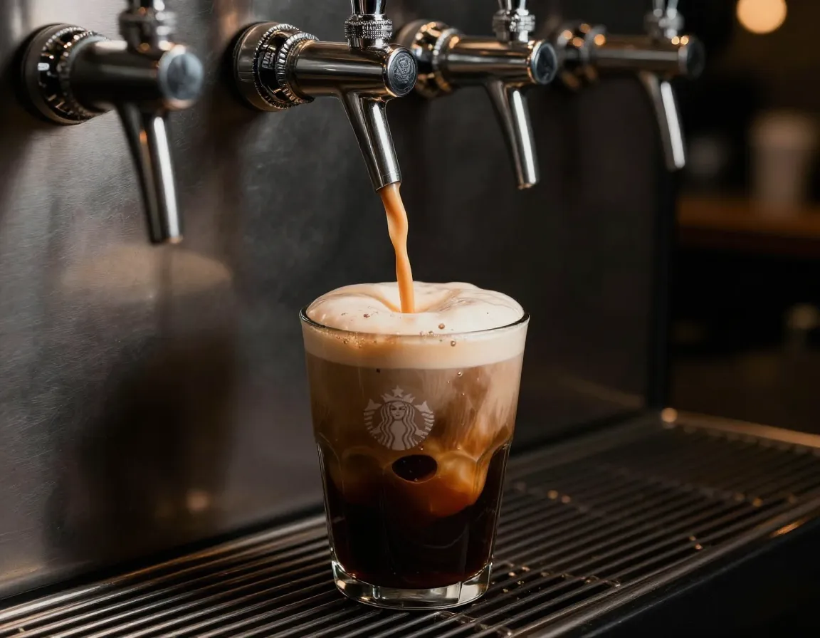 Cascading nitro cold brew being poured from a sleek stainless steel tap