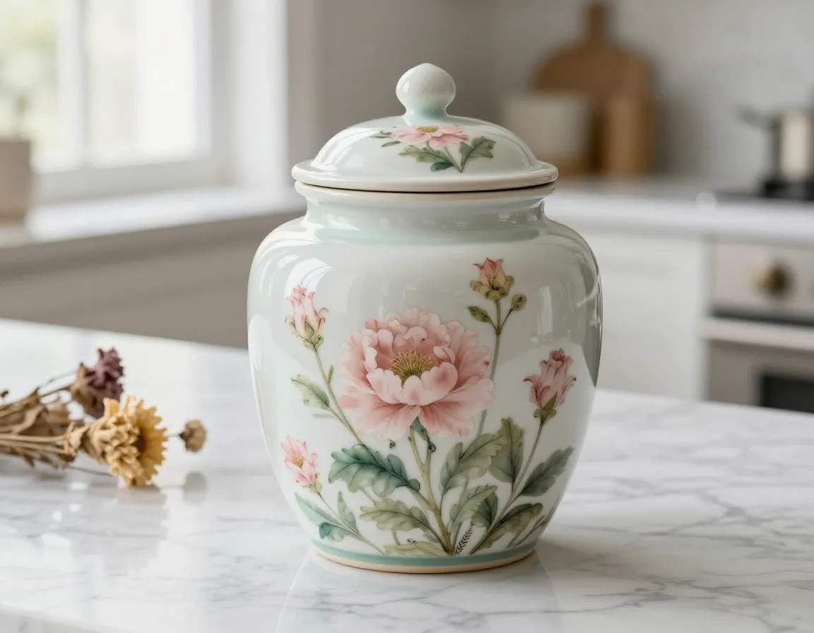 Elegant floral botanical design ceramic jar with matching secure lid