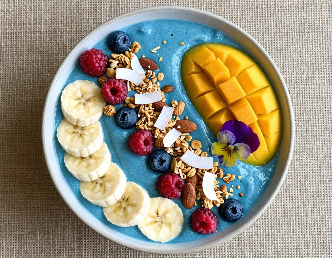 Blue matcha smoothie bowl with colorful fruit toppings