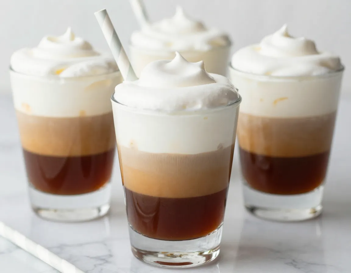Layered vanilla sweet cream cold brew in a clear glass with striped straw