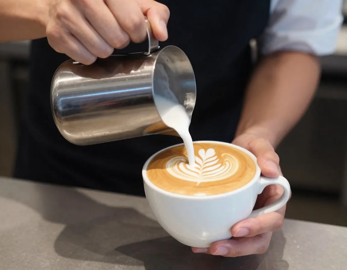 Barista creating custom dry foam art on a mocha