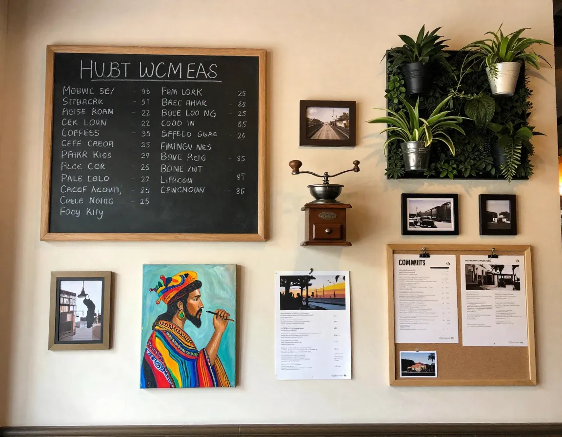 Creative wall decor telling a story in a local coffee house