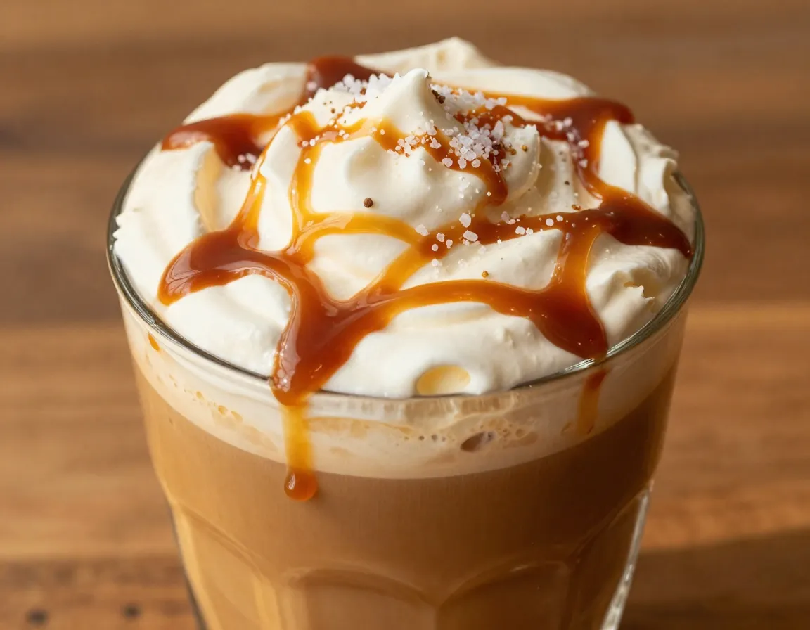 Salted caramel cream cold brew with drizzled caramel and sea salt garnish