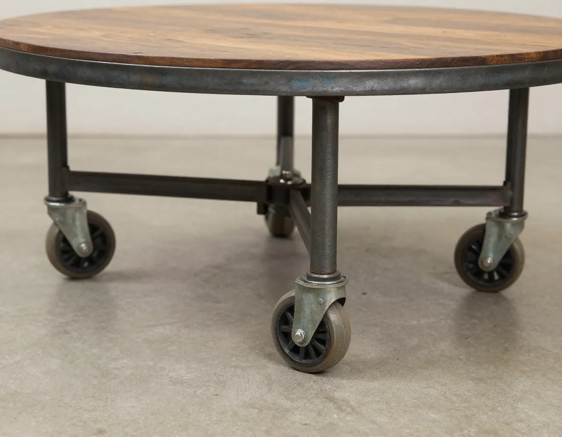 Vintage inspired industrial coffee table with locking caster wheels