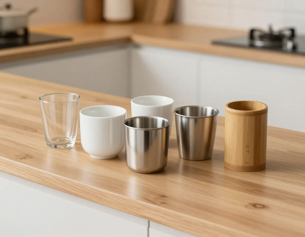 Glass ceramic stainless steel bamboo cups arranged on wood countertop