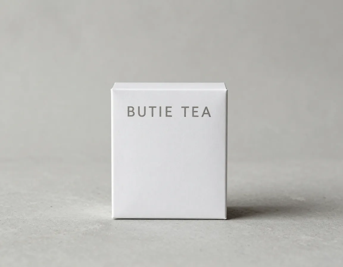 Minimalist tea box with clean typography on neutral stone background