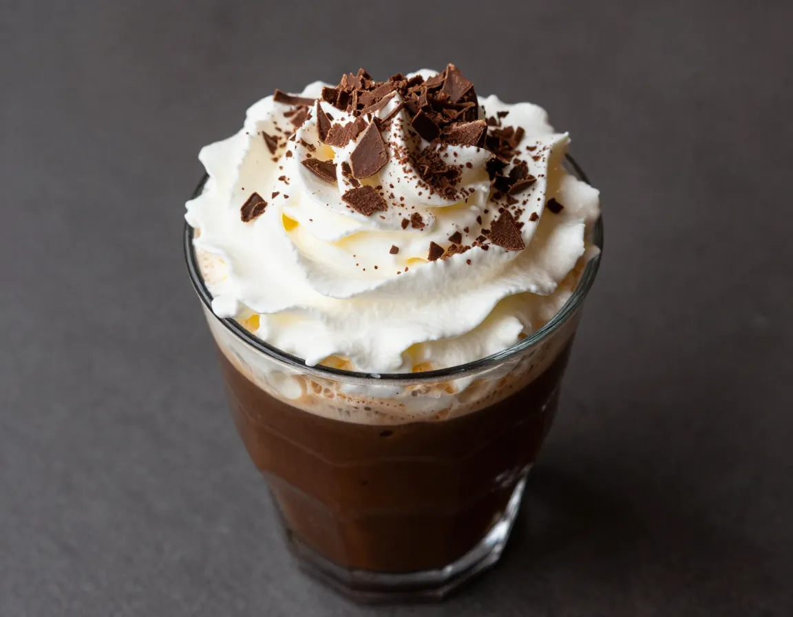 Mocha cold brew with whipped cream and chocolate shavings in a glass