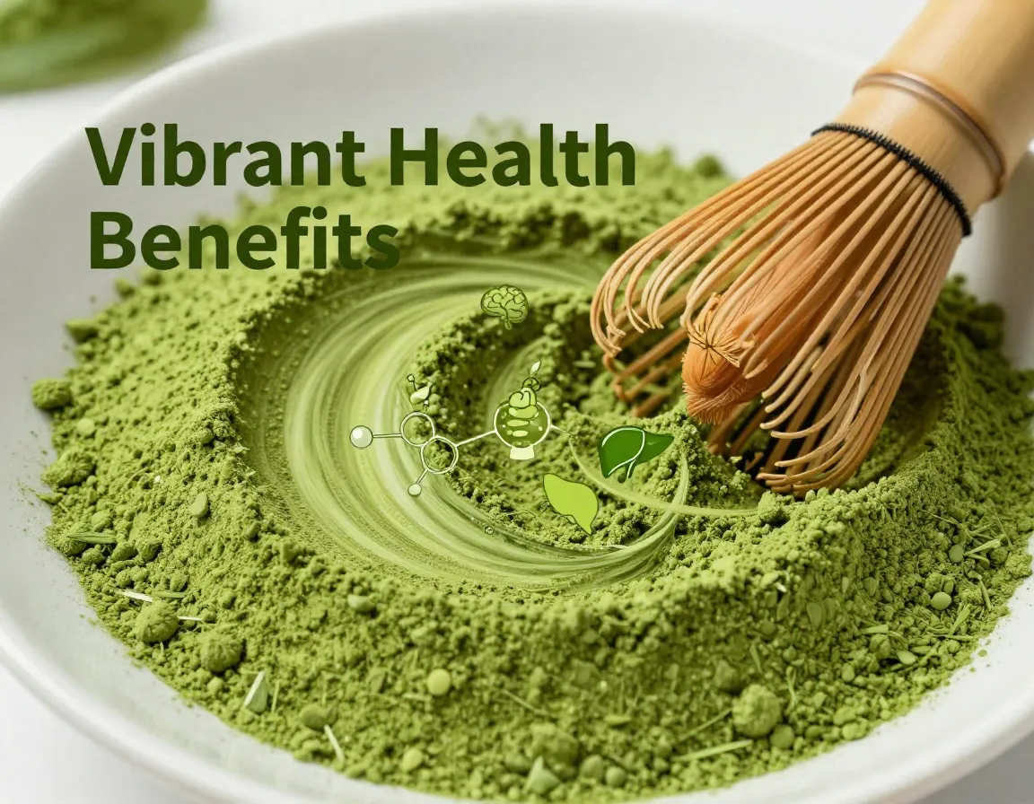 Matcha powder swirl health icons molecular diagrams ceremonial bowl