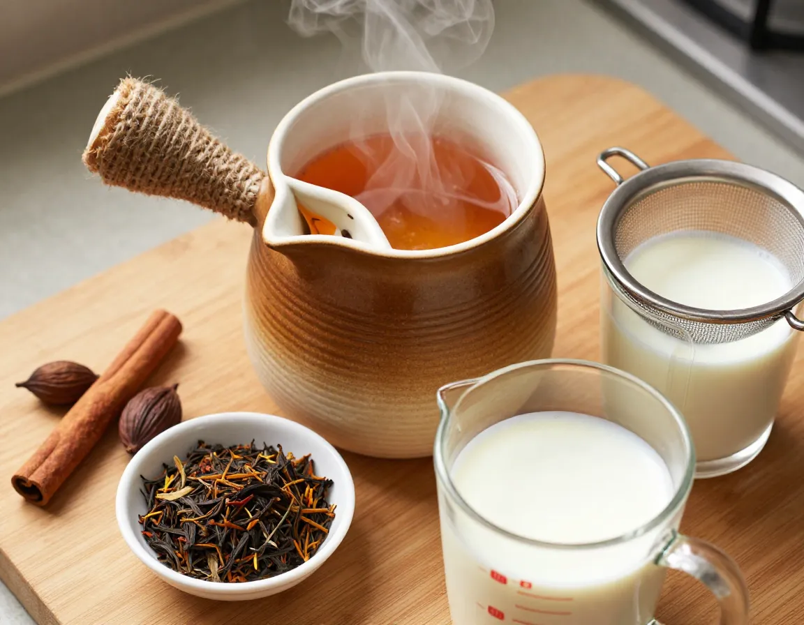 Classic hot thai tea brewing with spices in ceramic pot