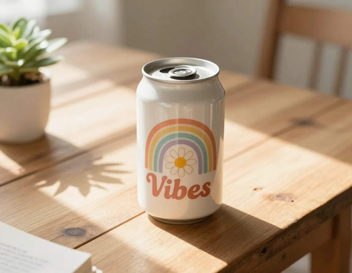 Good vibes retro coffee cup on a sunny morning table