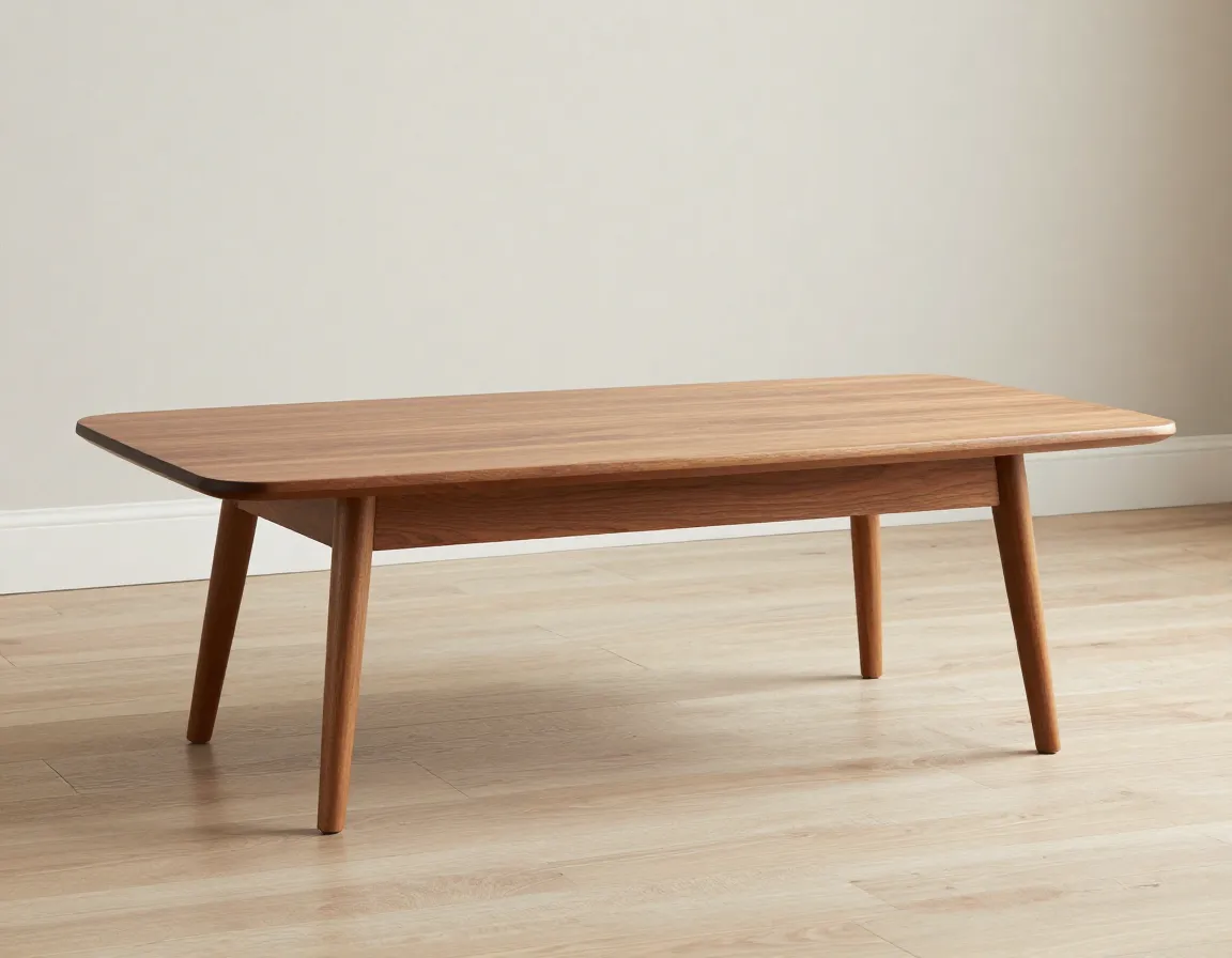 Mid century modern coffee table with soft rectangle top and tapered legs