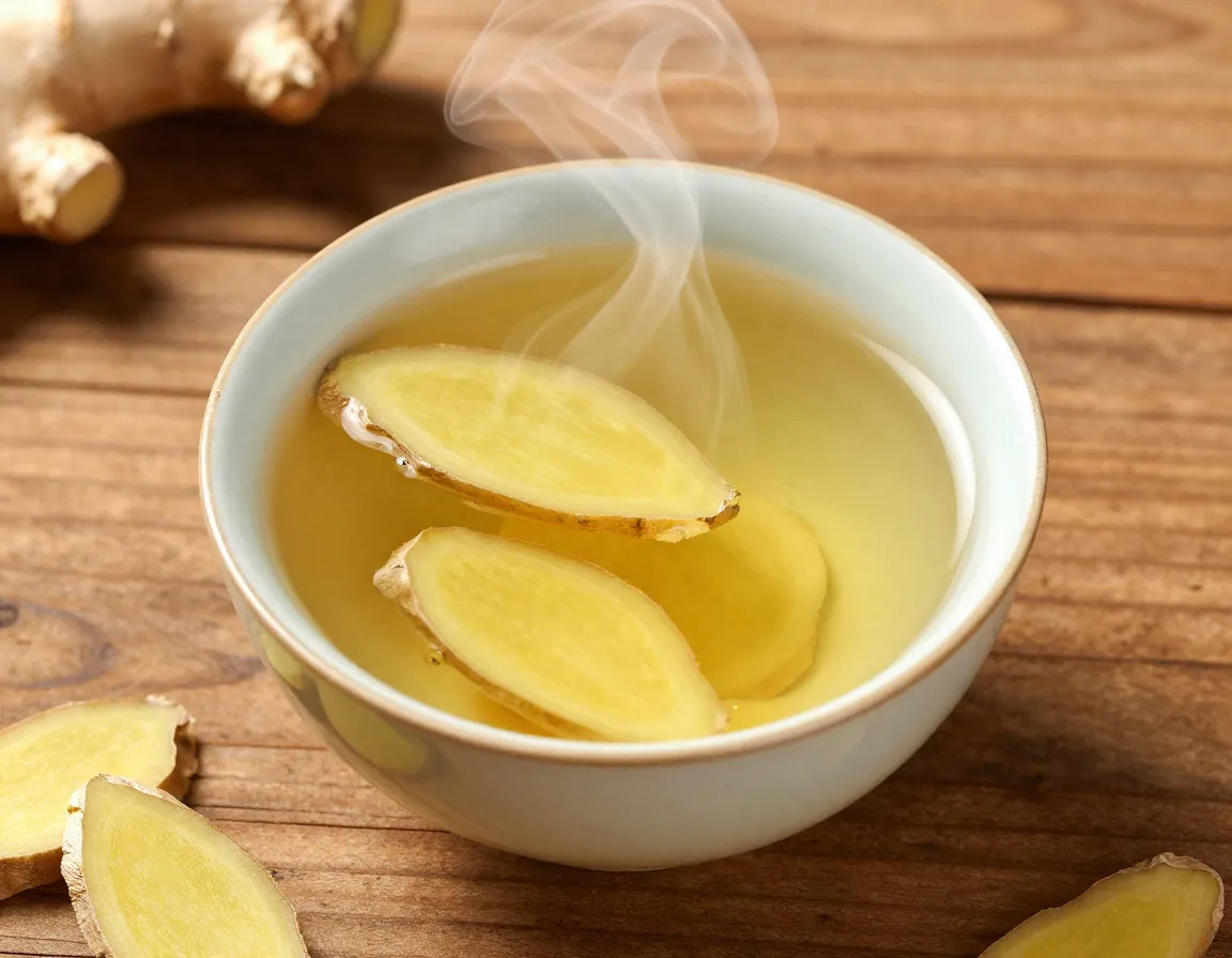 Nausea reducing ginger tea bowl steaming on rustic wooden table