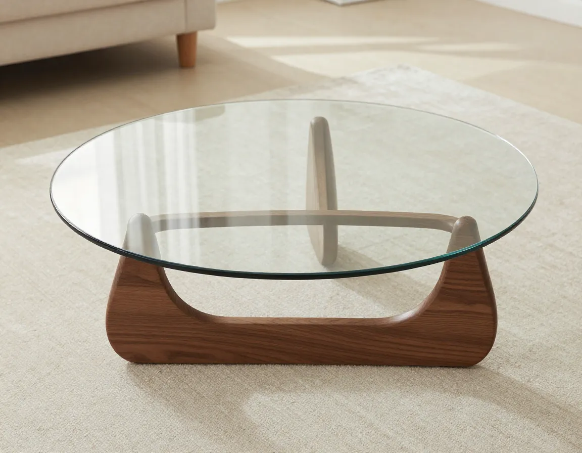 Minimalist round glass coffee table with walnut ash wood base
