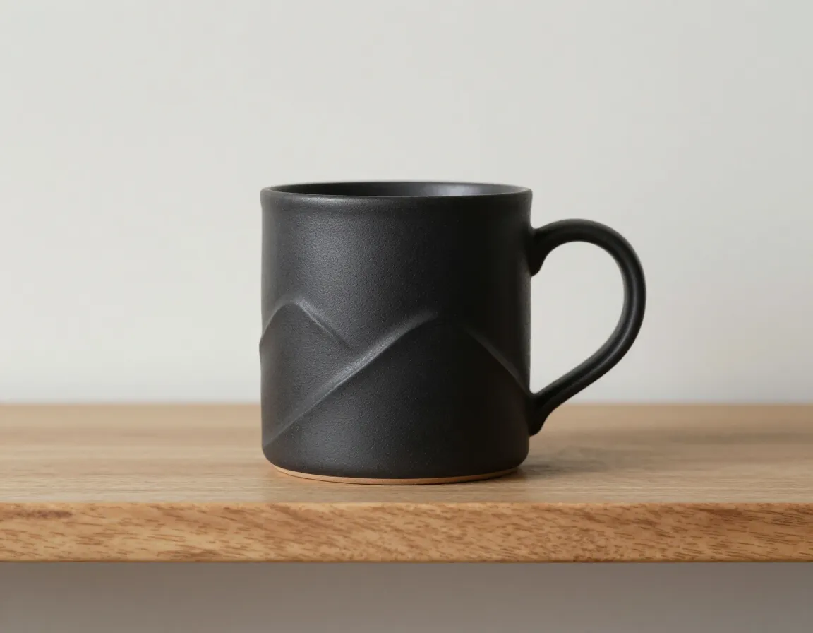 Textured black mountain ridge mug on a minimalist studio shelf