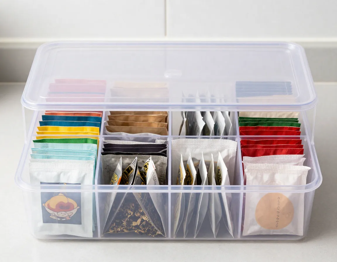 Clear plastic divided box organizer filled with assorted tea bags