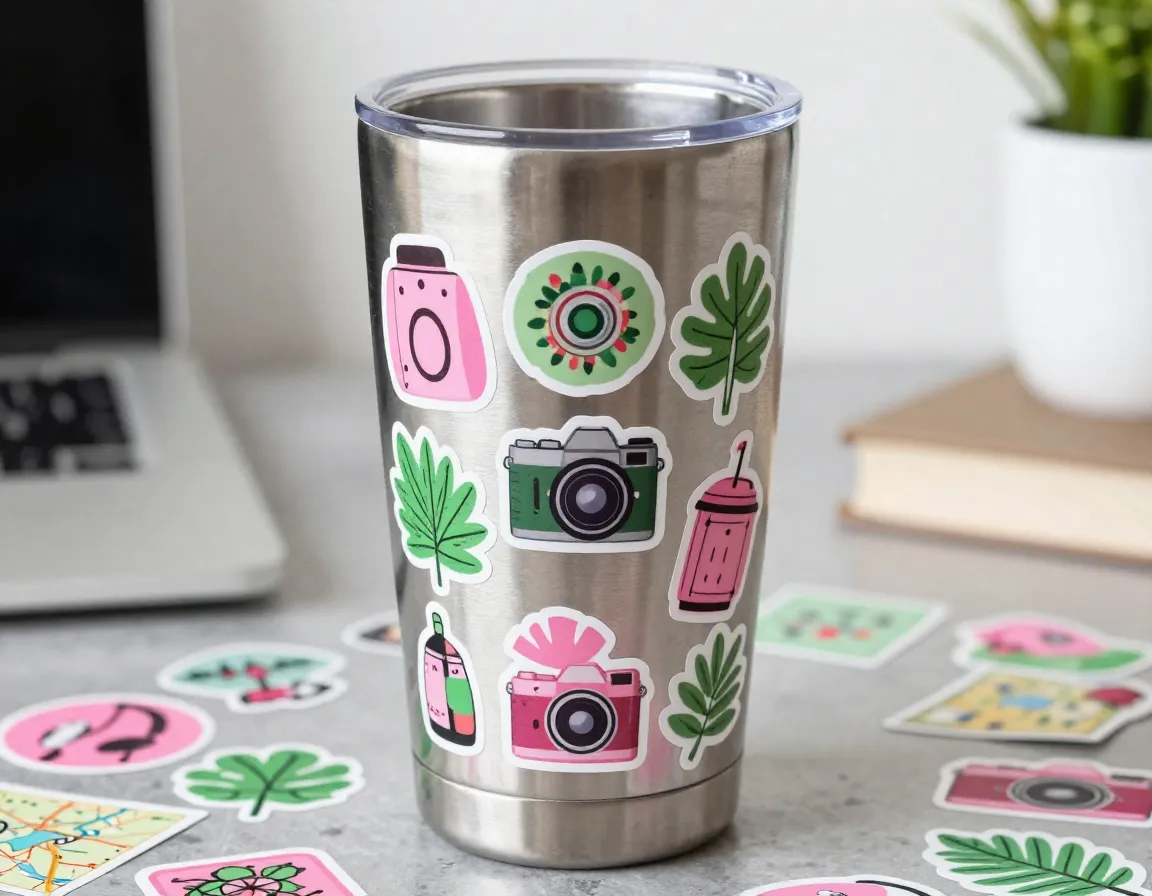 Personalized tumbler with cohesive pink and green sticker collection