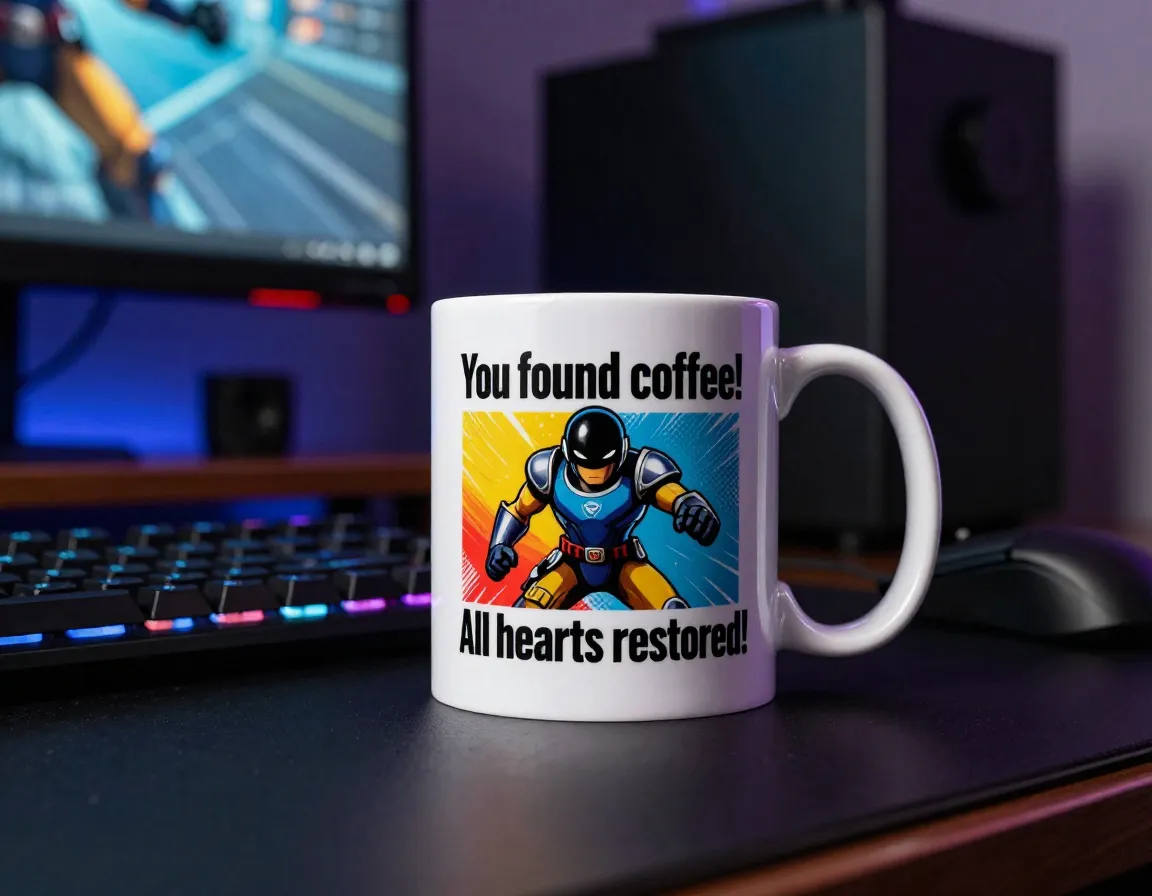 Gaming hero mug with interactive quote on a gaming desk