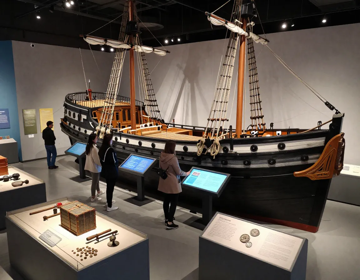 Modern museum exhibit with life sized replica of tea ship and interactive displays
