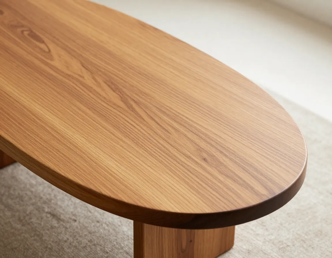 Natural teak oval coffee table with visible wood grain and matte finish