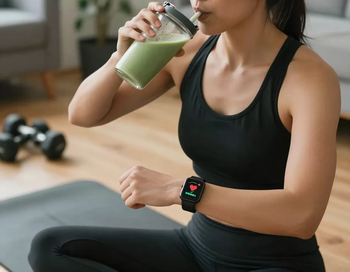 Person drinking matcha before workout with fitness tracker