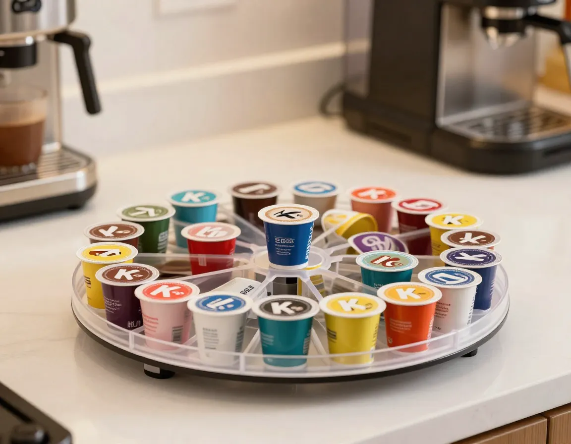 Rotating carousel holding colorful coffee pods on counter