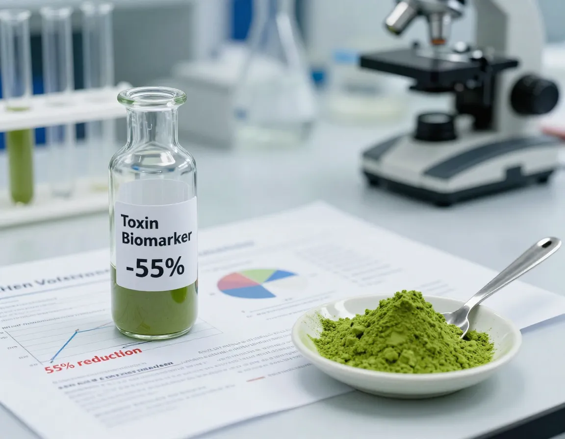 Laboratory vial with reduced toxin biomarker label next to matcha