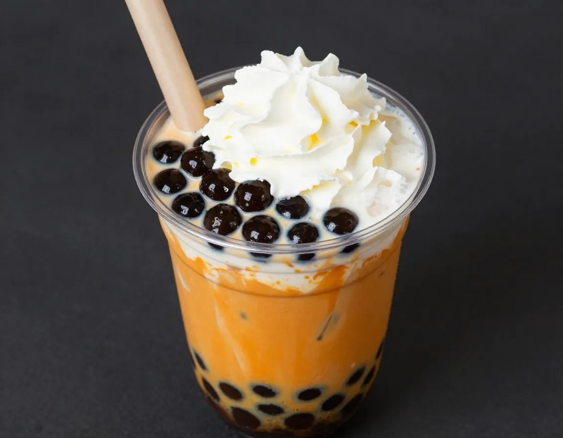 Thai tea boba with tapioca pearls in clear cup