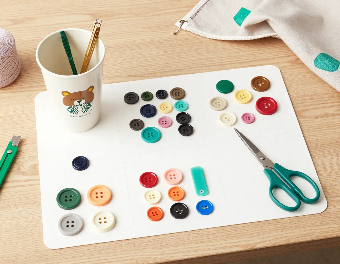 Bearista cup craft organizer with buttons and scissors