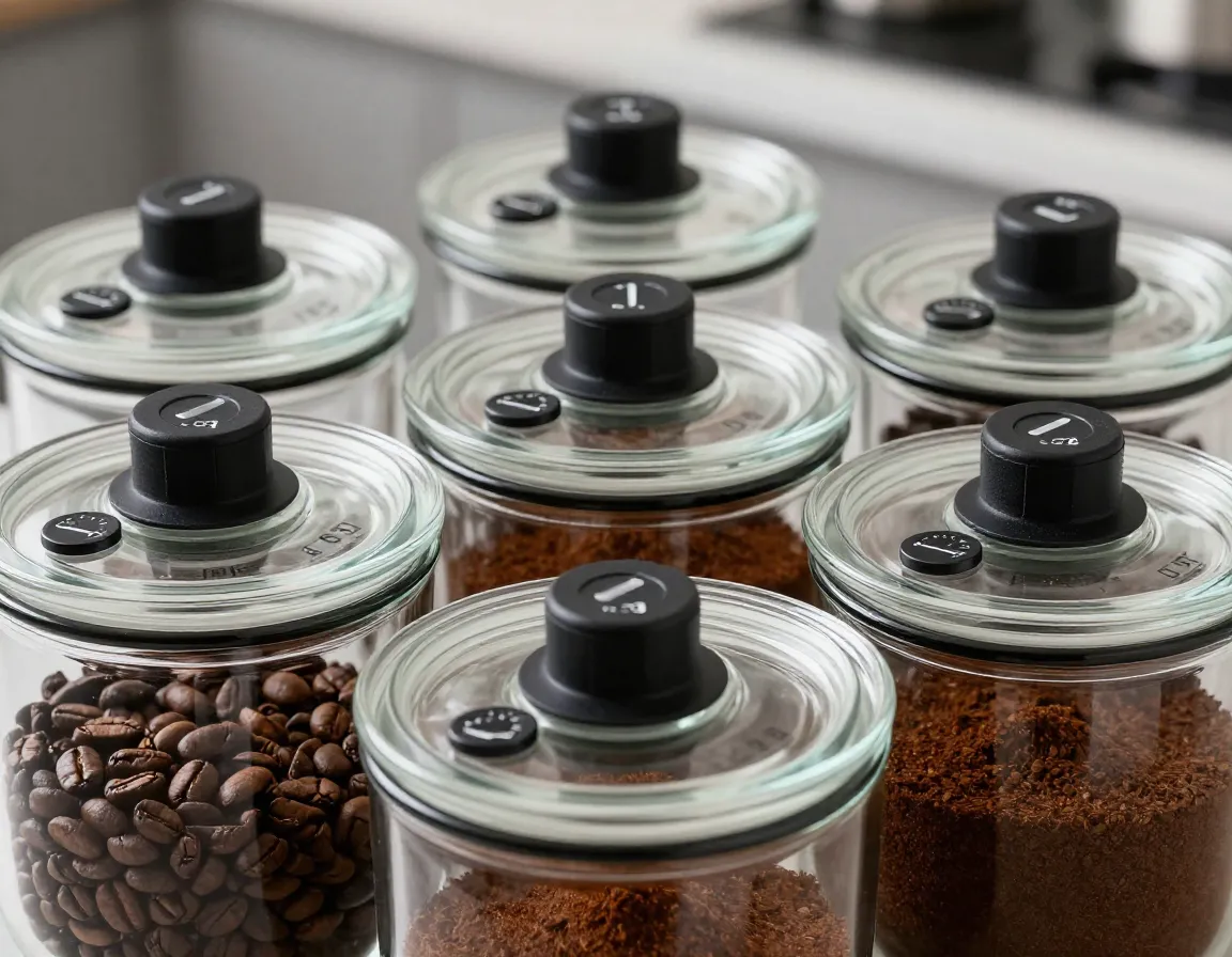 Glass airtight coffee canisters with valve and date tracker