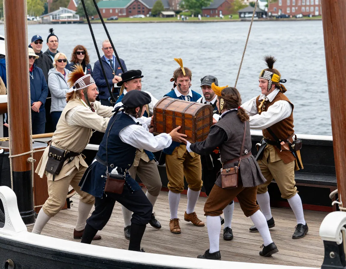Historical reenactors in colonial dress throwing replica tea chests during ceremony