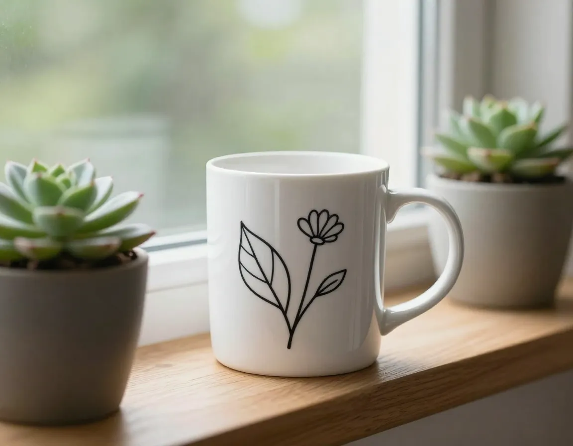Minimalist line drawing floral mug on a windowsill with plants