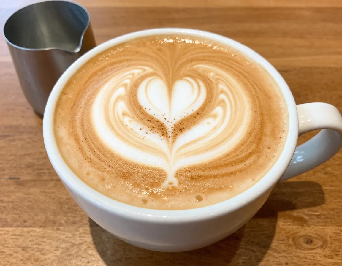 Thai tea latte with cinnamon foam art in mug