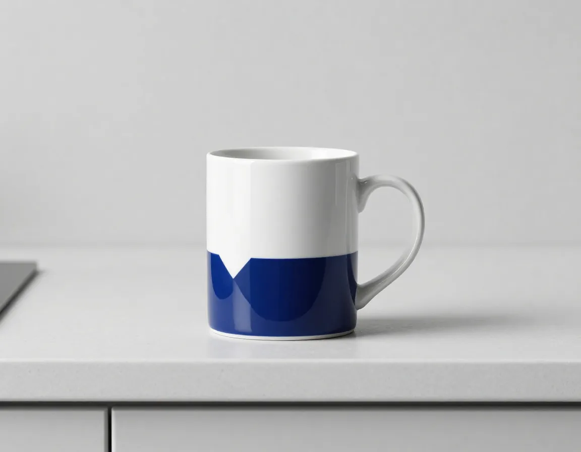 Two tone geometric accent mug on a monochrome kitchen counter