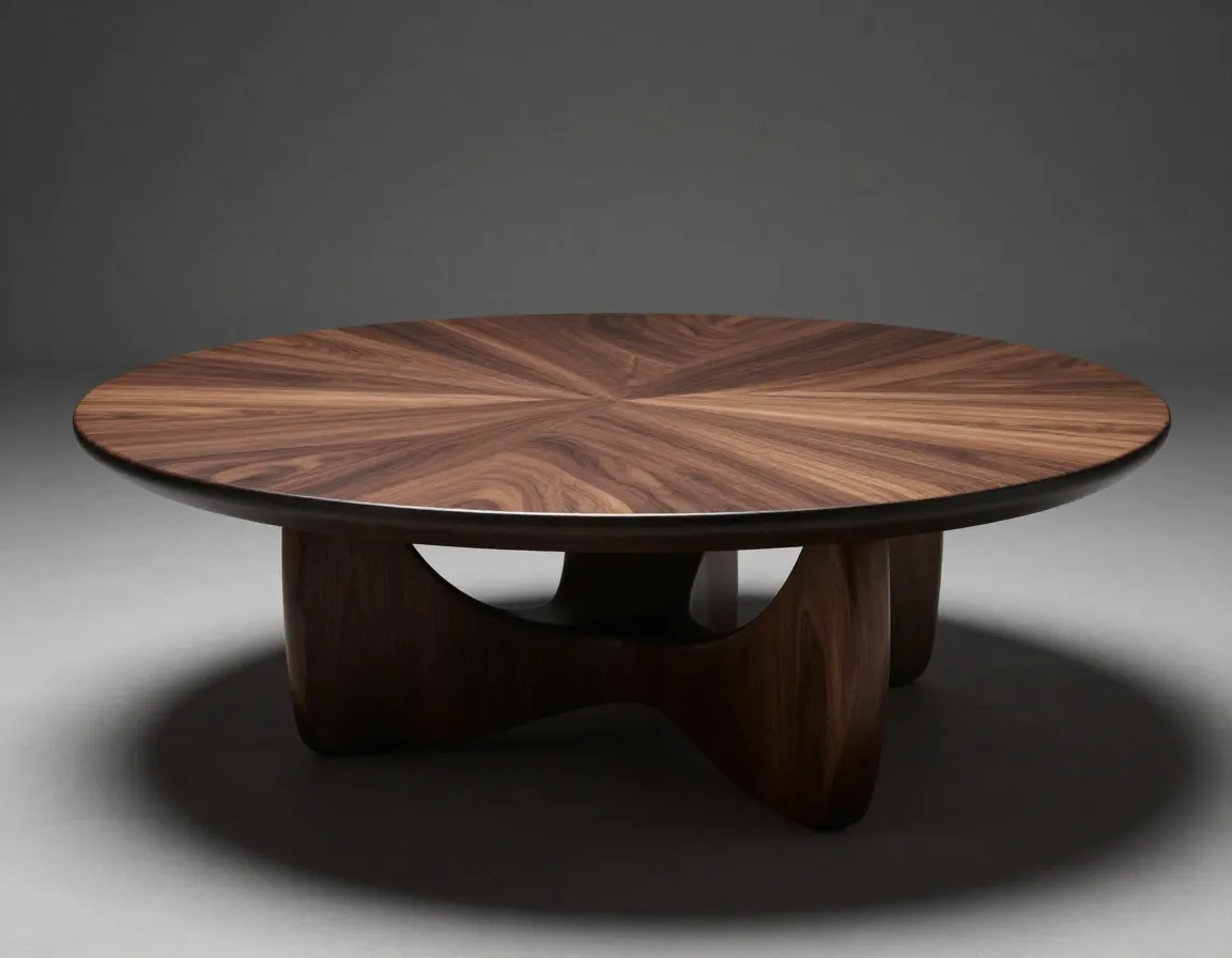 Walnut round coffee table with sculptural base and matte polish
