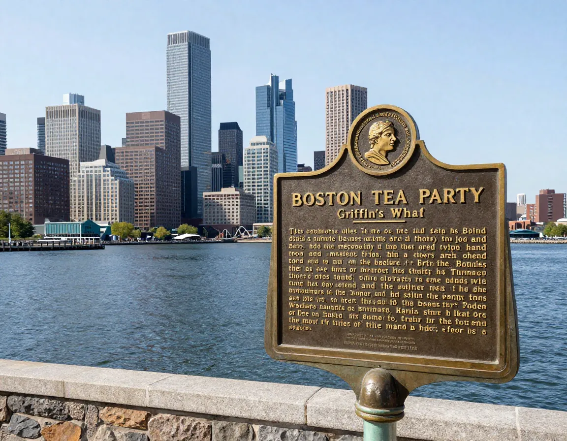 Contemporary photograph of boston harbor skyline with historical marker plaque