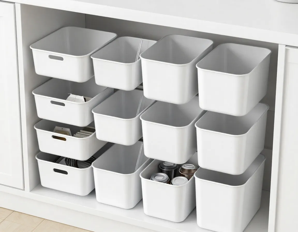 Modular white stackable bins with dividers for custom organization