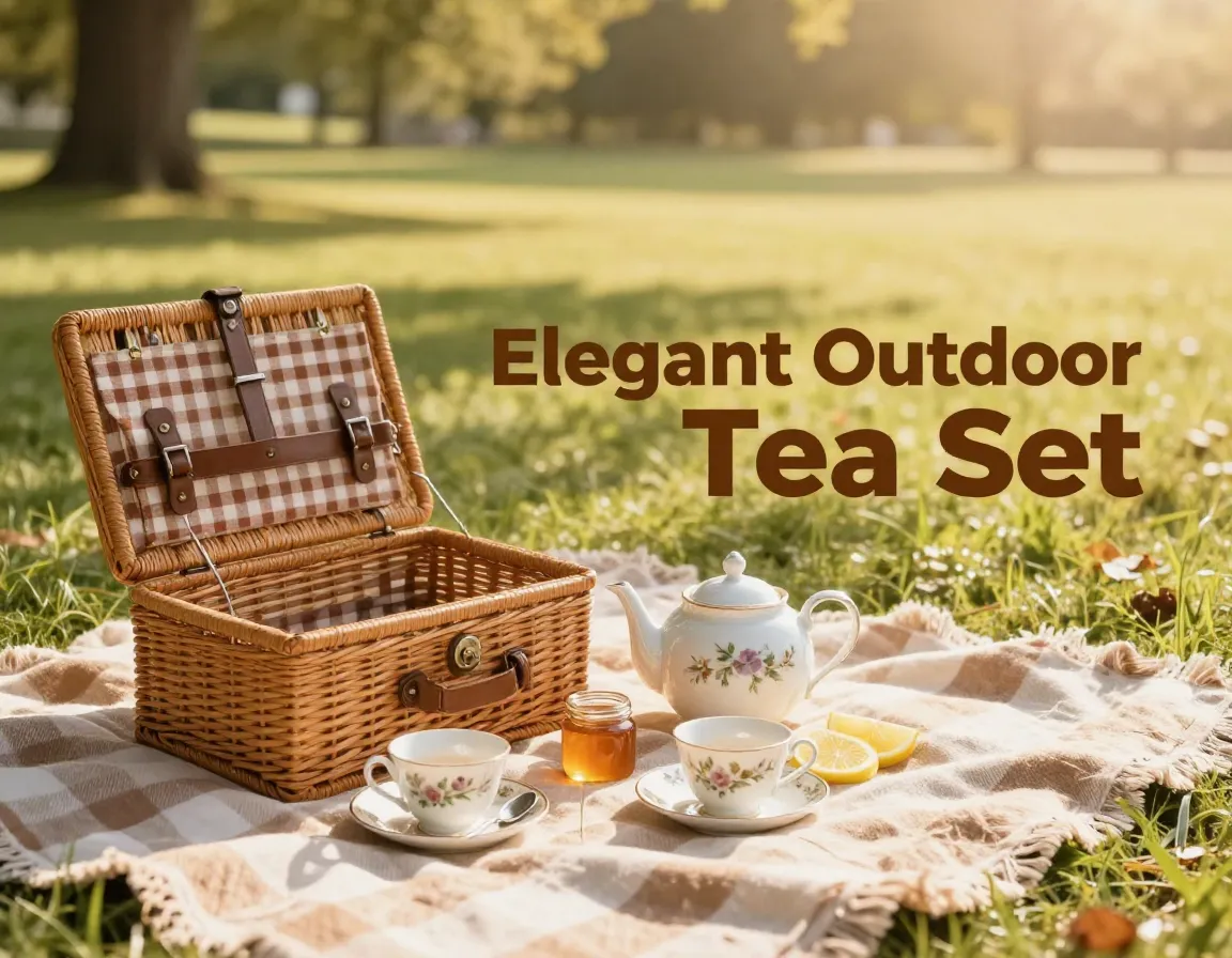 Picnic basket floral tea set wicker blanket outdoor elegant