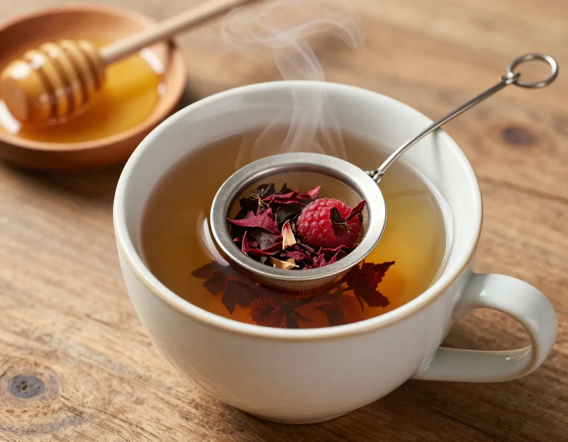 Classic red raspberry leaf tea with honey in ceramic cup