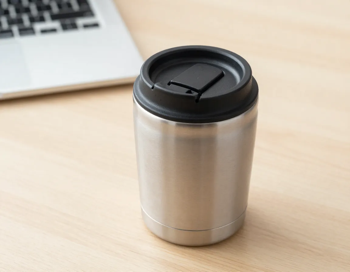 Premium stainless steel thermal mug with lid on wooden desk