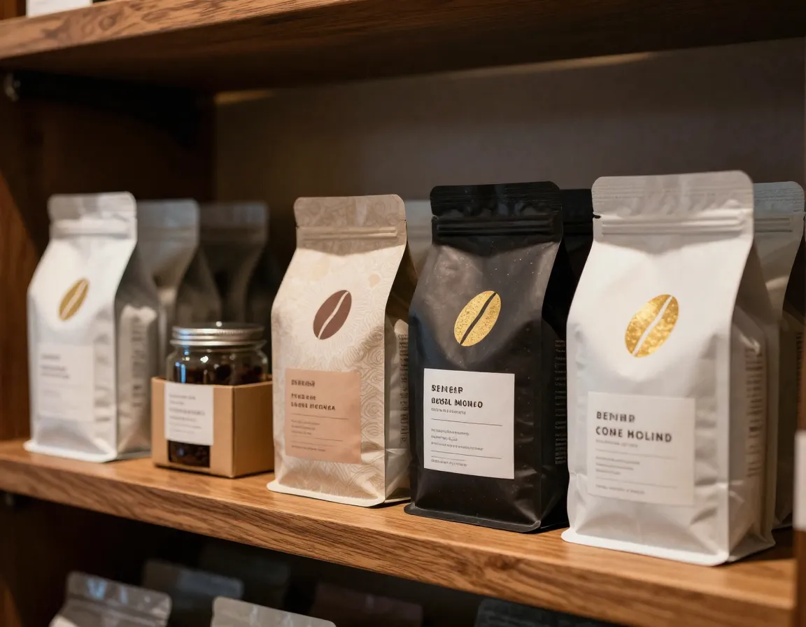Boutique coffee shop shelf display featuring various packaged products