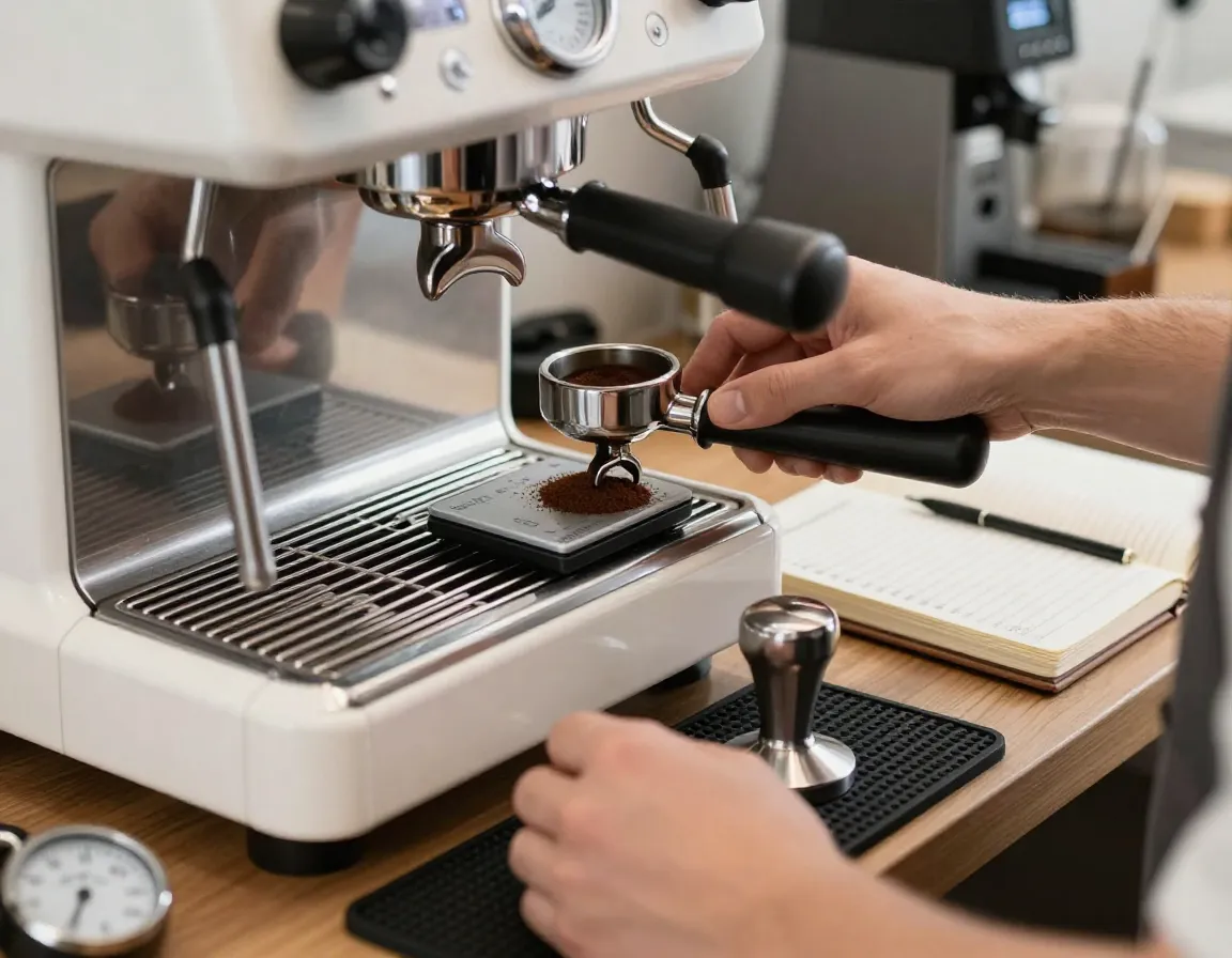 Focused barista calibrates an espresso machine grinder with precision tools