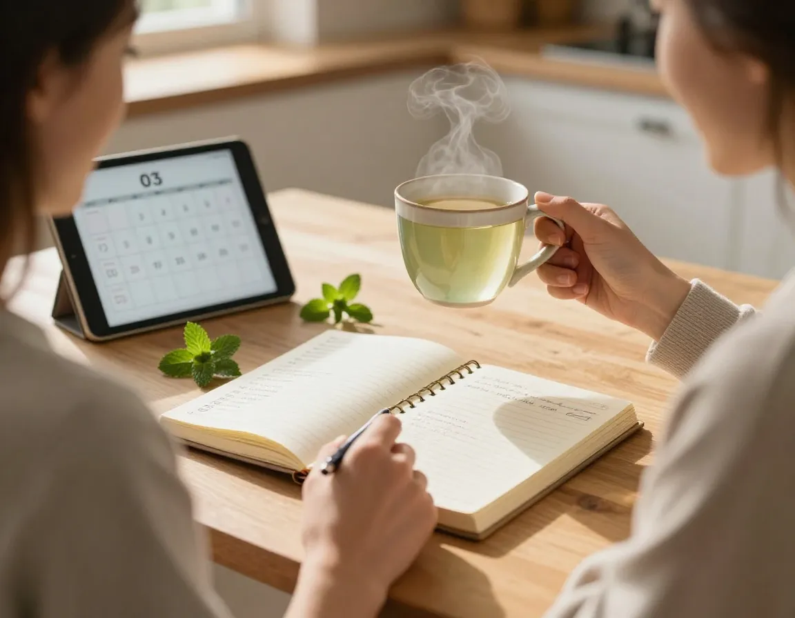 Woman tracking five day progress with spearmint tea and journal