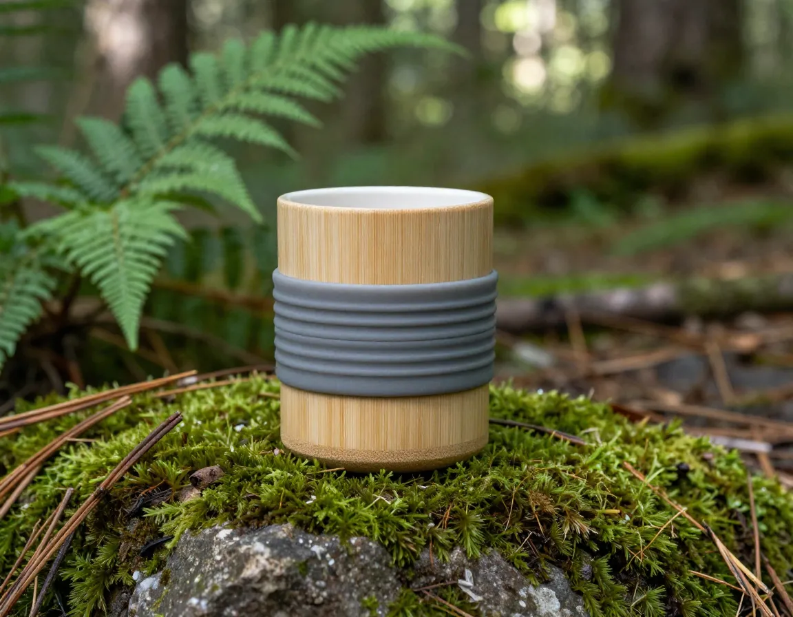 Bamboo fiber mug with silicone grip on mossy rock