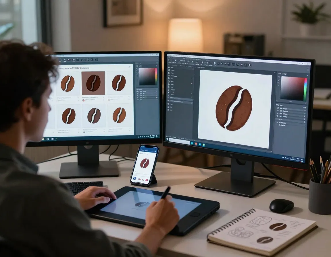 Digital designer creating social media graphics with coffee bean vectors