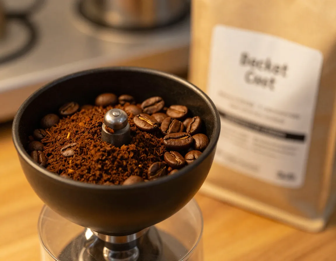 Fresh whole coffee beans being ground for immediate cold brew