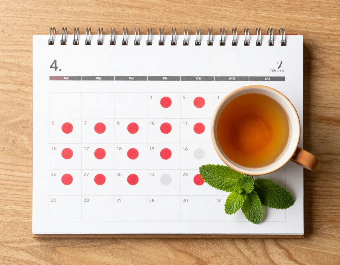 Calendar with regular cycle dates marked next to spearmint tea mug